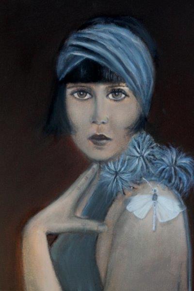 Lady in blue with the Wood white 30 x 40 cm